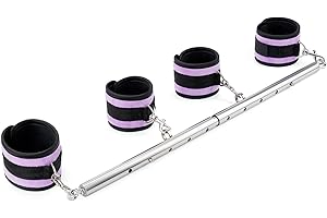 CLADELE Spreader Bar Heavy Duty Stainless Steel Expandable Silver Exercise Leg Bar Home Gym with 4pcs Furry Purple Adjustable Straps,Sports Aid Training Fitness Gear Pilates Aid Kit