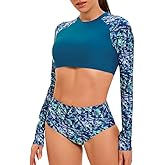 JadeRich Women's Fashion Pattern Long Sleeve Tankini Sets UPF 50+ Rash Guard Swimsuit Sun Block Swimwear