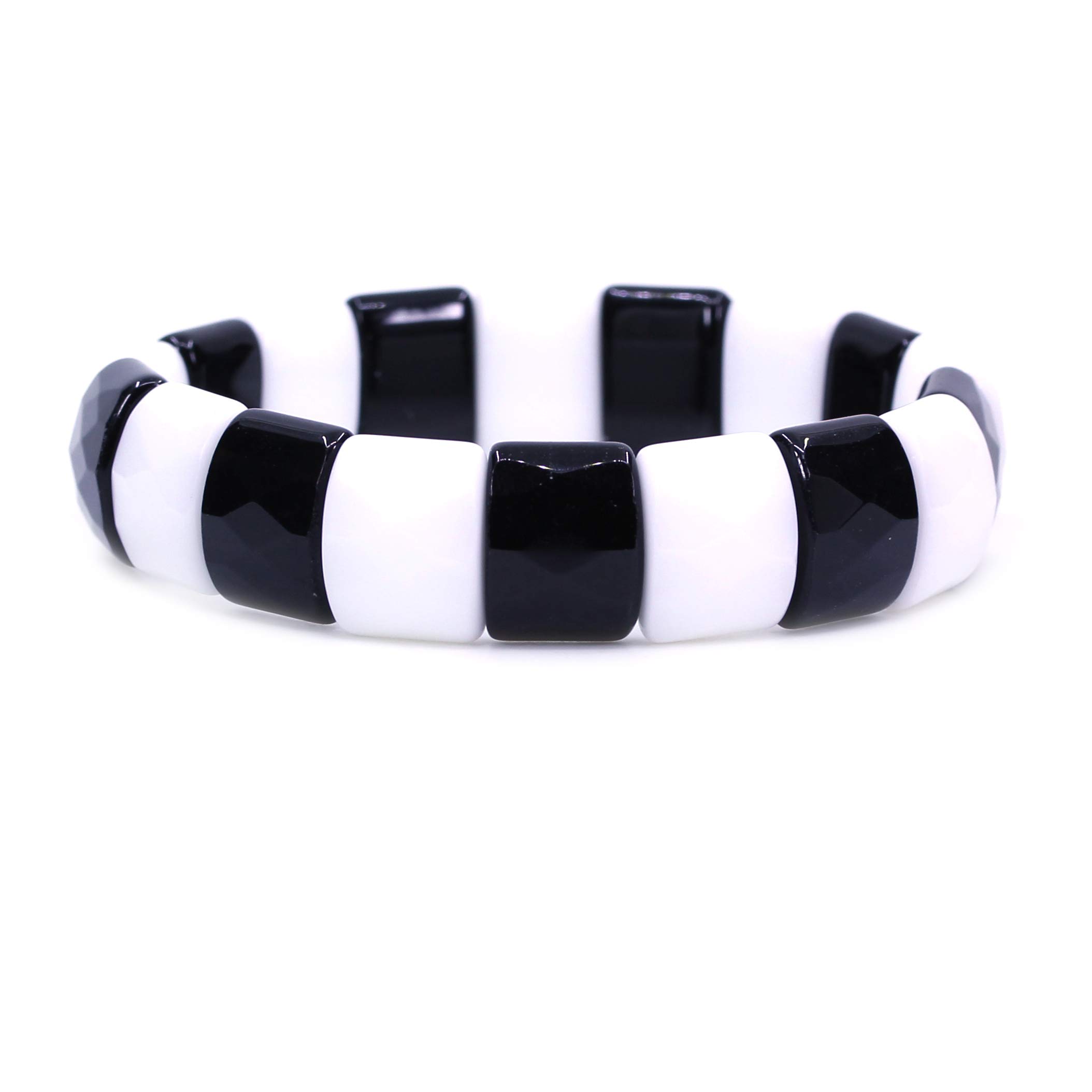 CHENYUE Natural White Porcelain and Black Porcelain Gem Semi Precious Gemstone 15mm Faceted Square Grain Beads Stretch Bracelet 7.5 Inch