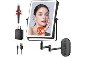 Wall Mounted Makeup Mirror with Light, Double Sided 1X/20X Magnifying 5000mAh Rechargeable Vanity Mirror with 3 Color Lights,
