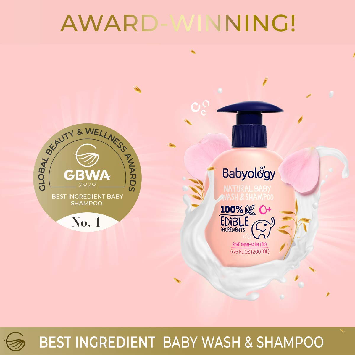 Babyology All Natural Baby Wash and Shampoo - 100% Edible Ingredients - with Organic Rose Water (Unscented) - Good for Sensitive Skin - Non Toxic - Tear Free (Scents & Packs Vary)