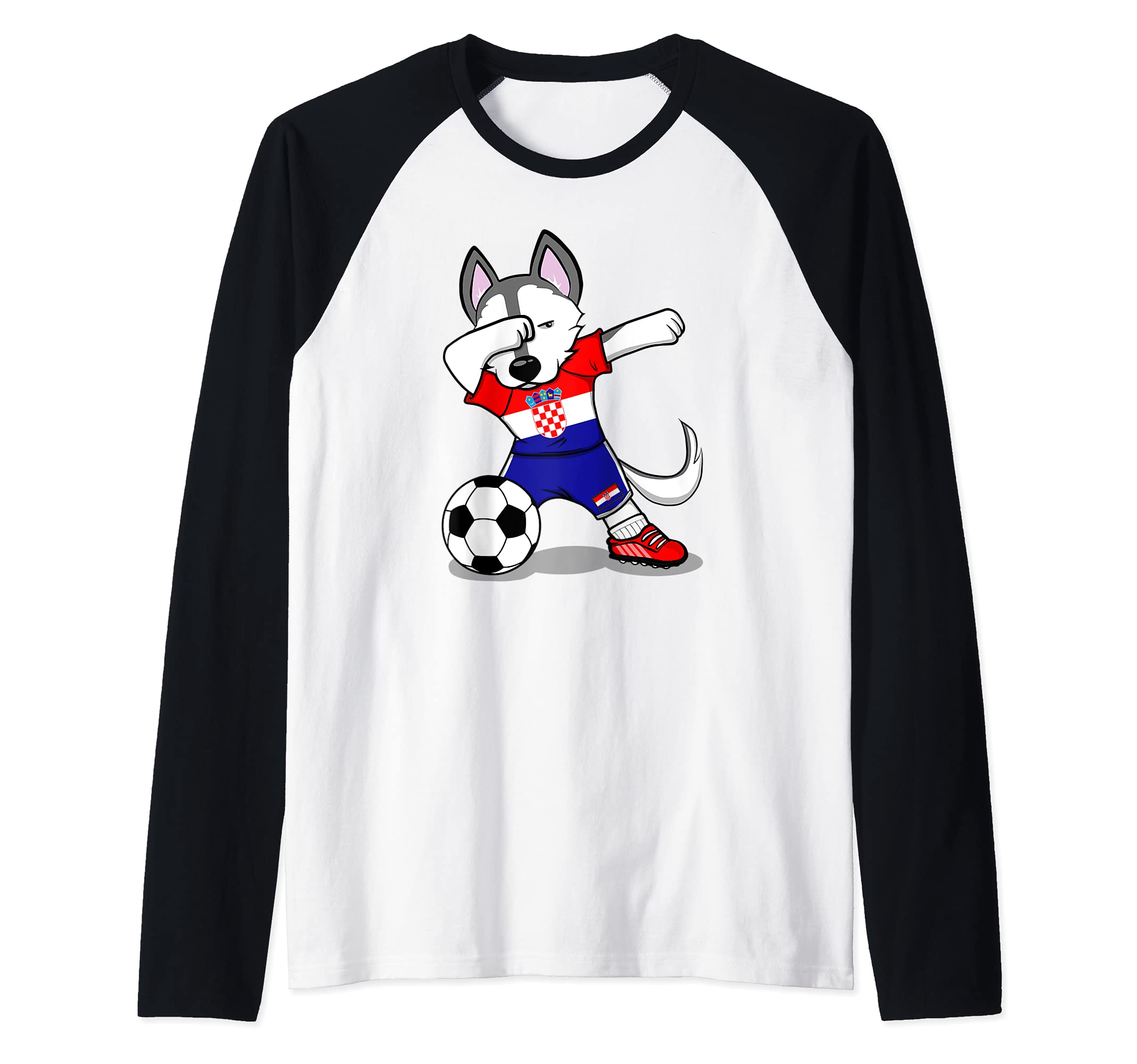 Dabbing Husky Croatia Football Croatian Flag Soccer Lovers Raglan Baseball Tee