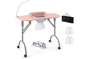 WELLHUT Nail Desk for Nail Tech Vented Manicure Table w/LED Lamp, Dust Collector, Carry Bag & Soft Cushion, Portable Nail Tables w/Universal Mute Wheels for Nail Lovers Home Spa Beauty Salon