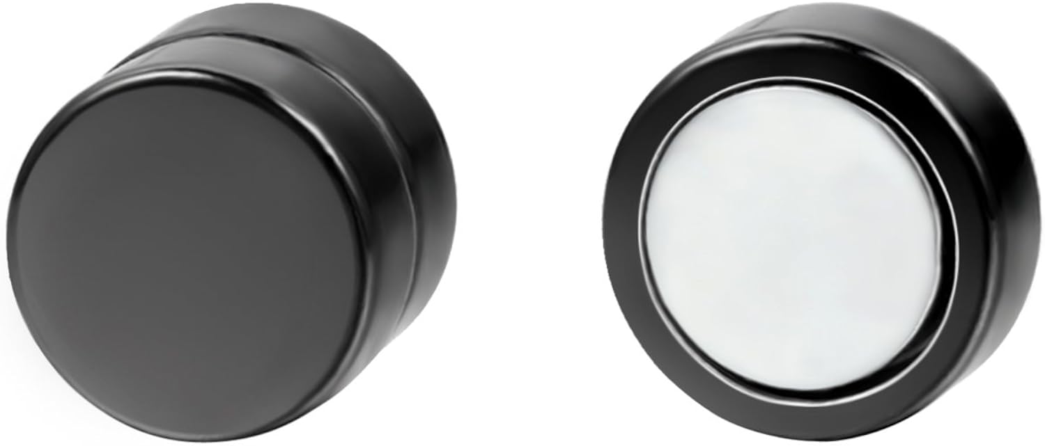 JewelryWe 2pcs Magnetic Black Circle Stud Earrings for Men Women Stainless Steel Non-piercing Clip on Cheater Fake Ear Gauges - 8mm