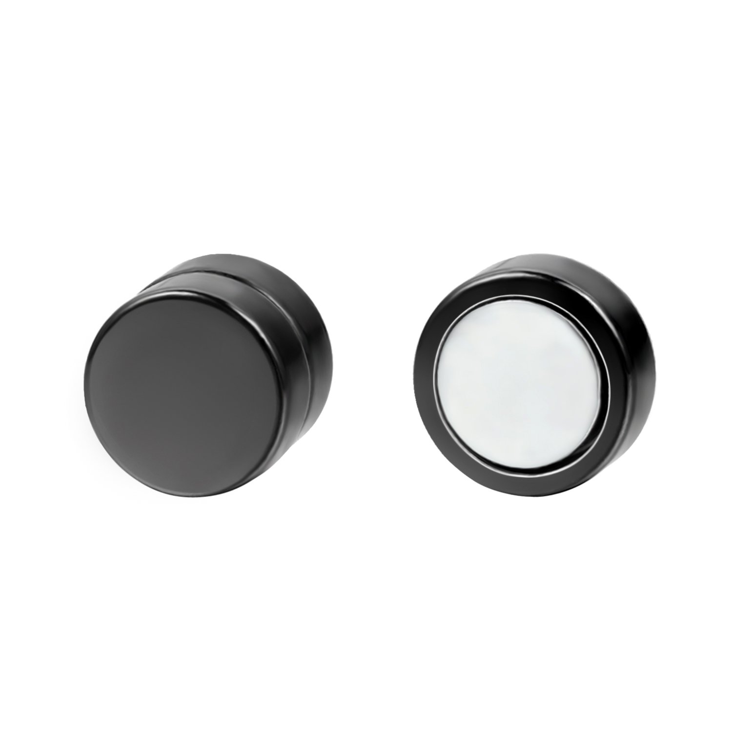 JewelryWe 2pcs Magnetic Black Circle Stud Earrings for Men Women, Stainless Steel Non-piercing Clip on Cheater Fake Ear Gauges - 8mm