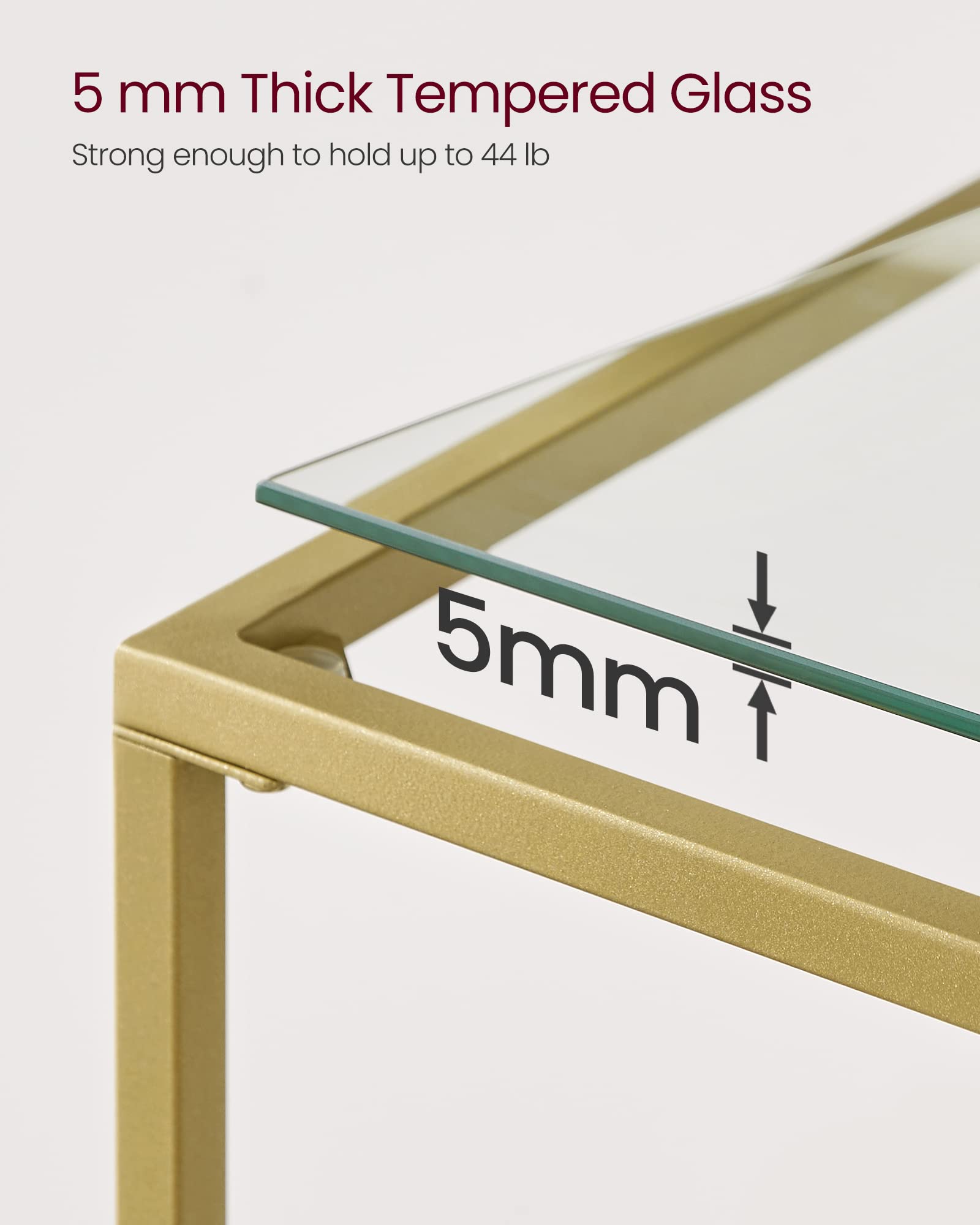 47.2 Inch Console Sofa Table, Modern Entryway Table, Tempered Glass Table, Metal Frame, 2 Shelves, Adjustable Feet, for Living Room, Hallway, Gold Color ULGT045A61 VASAGLE 47.2 Inch Console Sofa Table, Modern Entryway Table, Tempered Glass Table, Metal Frame, 2 Shelves, Adjustable Feet, for Living Room, Hallway, Gold Color ULGT045A61