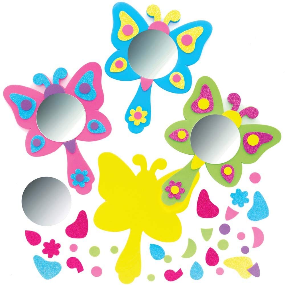 Baker Ross FE121 Butterfly Craft Mirror Kits - Pack of 4, Foam Art Project for Kids, Decorate Your Own Colourful Crafts