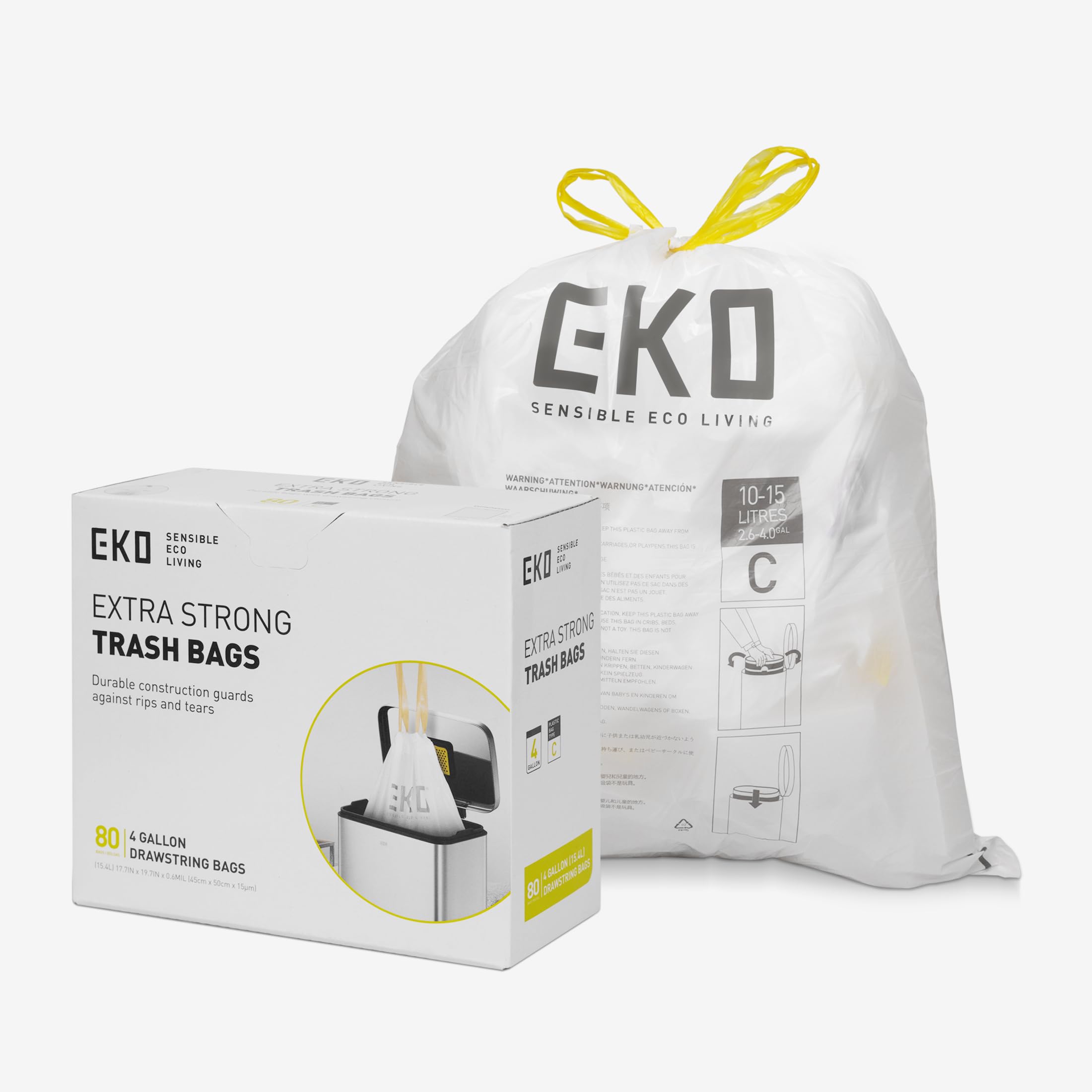 Photo 1 of EKO 4 Gallon / 10-15 Liter, 80 Count Small Drawstring Trash Bags, Extra-Strong Unscented Garbage Bags, Easy-Dispense Roll for Kitchen & Household Use, Resists Tears, Leaks and Punctures, Code C, White