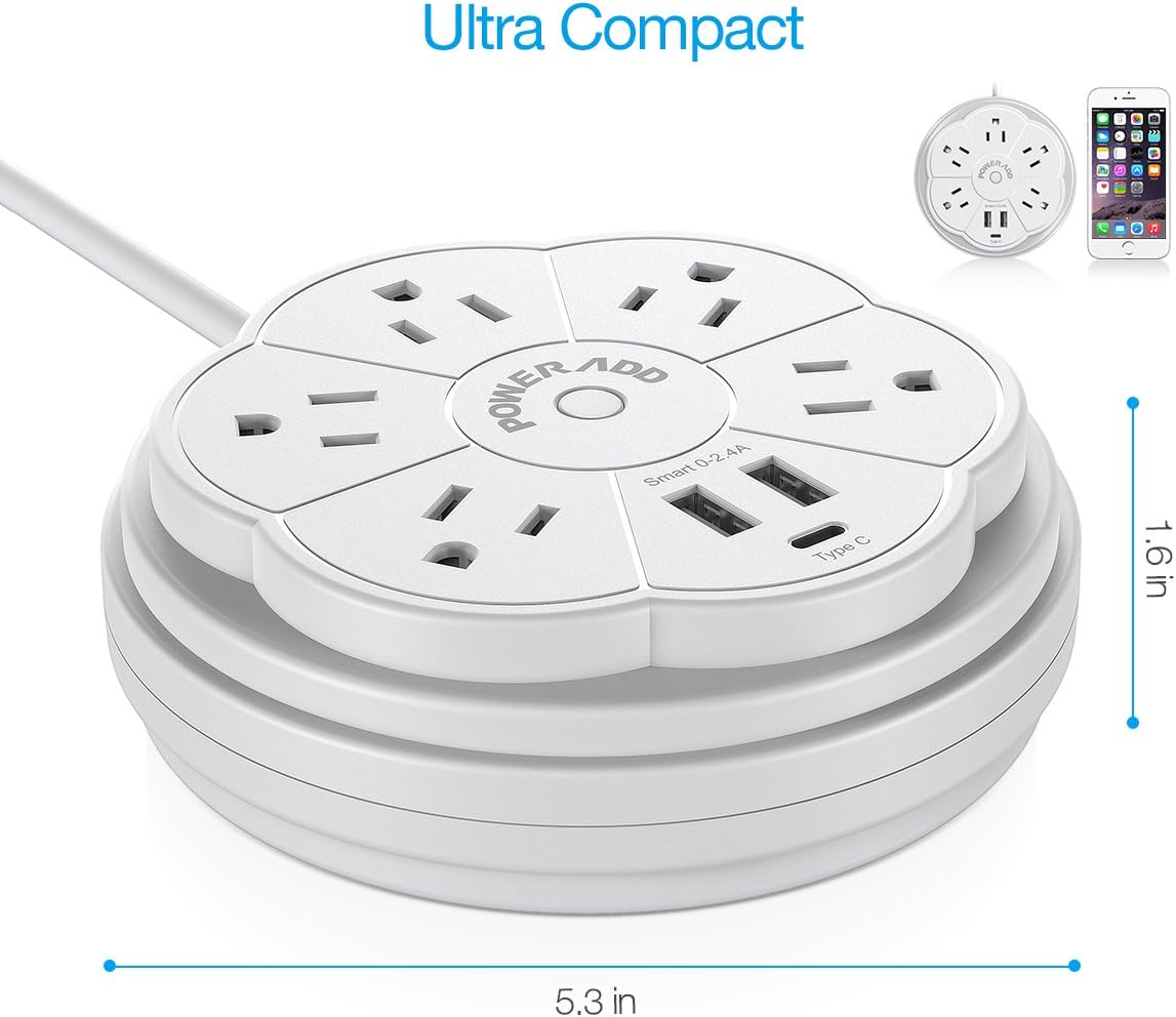 POWERADD Travel Power Strip 5 Outlet Surge Protector with Retractable Cord Smart USB Ports and Type-C Port, 125V/13A, 3.3ft Extension Cord, Portable & Neat for Travel/Home /Office: Home Improvement