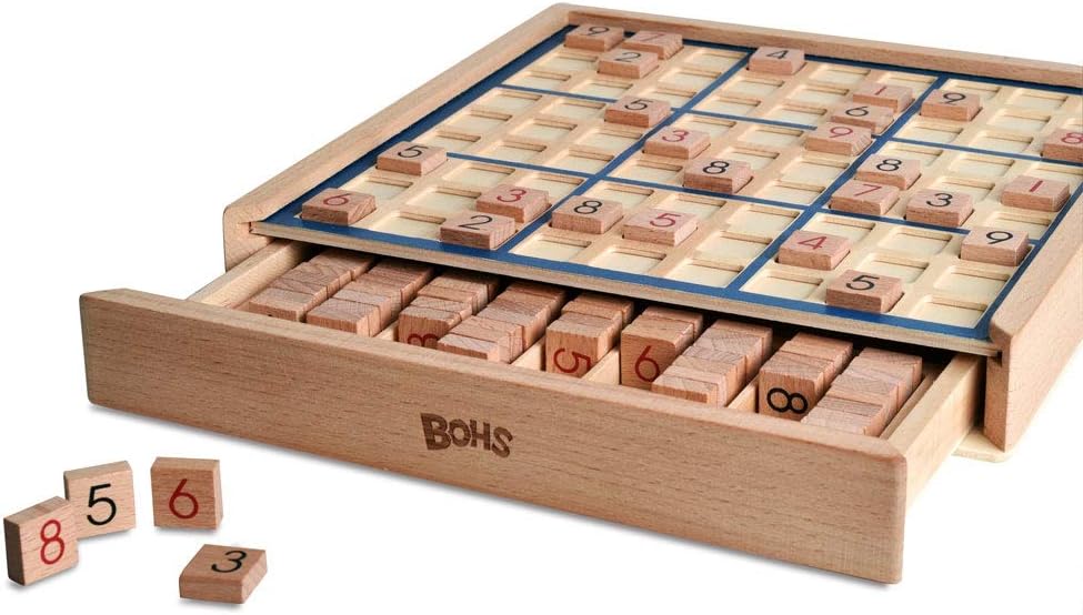 BOHS Wooden Sudoku Board Game with Drawer - with Book of 100 Sudoku Puzzles - Brain Teaser Desktop Toys, Blue, 9x9 - Image 3