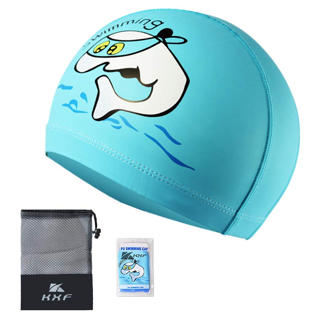 Kids Swimming Cap, KXF Swimming Hats Waterproof PU Bathing Cap Care Ear Protection Elastic Swim hat with Coating Cartoon Pattern for Children Kids Boys Girls Age 6-10
