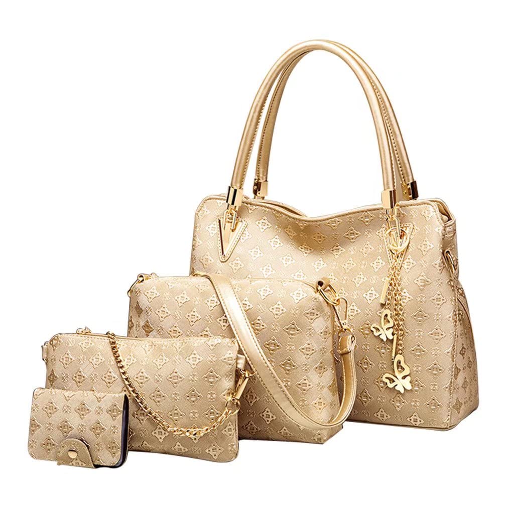 Pahajim Handbags for Women Ladies Bags Sets PU Leather Top-Handle Bag Large Shoulder Bag Crossbody Clutch Purse 4 Piece for Work Office Shopping Party（Gold）