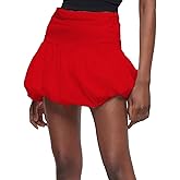 MOBJVIY Women Bubble Mini Skirt Ruched High Waist A Line Short Skirt Ruffle Hem Slim Fit Skater Skirts