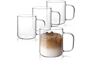 Rechano 17oz/500ml Glass Coffee Mugs Set of 4, Clear Large Wide Mouth Drinking Glasses with Big Handle for Hot/Iced Beverage,