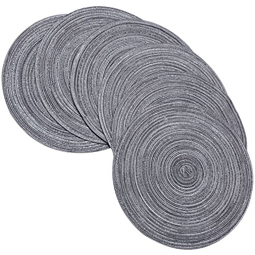 Round Braided/Woven Placemats, Indoor/Outdoor Placemat/Charger, Kitchen Mat for Dinning Table Washable Set of 6 Dark Grey