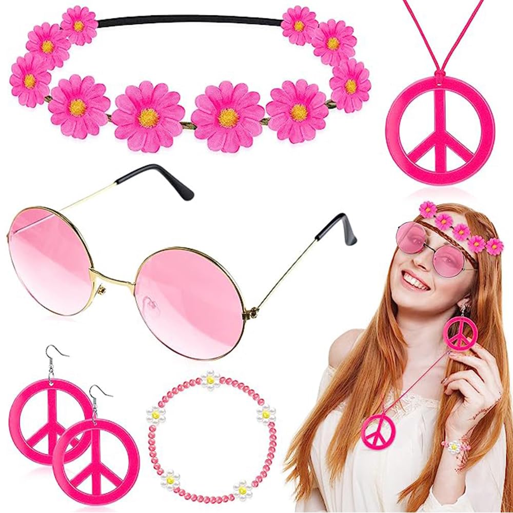 6 Pcs Hippie Costume Accessories Set,60s 70s Hippy Dressing Accessory Women Supplies Fancy Glasses Peace Sign Necklace Earrings wristband and Hippie Headband — image 1
