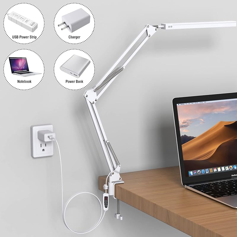 Candeeiro de Secretária LED - Candeeiro de Secretária LED potente com clipe - Lâmpada de Secretária LED com proteção ocular - 3 modos de iluminação X 10 níveis de brilho - Branco — foto 2 de 7