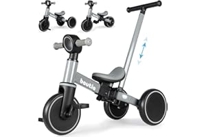 Bautia 5 in 1 Kids Tricycle for Toddlers 1-3 Baby Balance Bike Toy for 1-4 Years Old Boys Girls Gift with Push Handle & Removable Pedals, Gray (No Parent Steering Version)