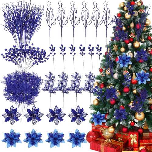 Photo 1 of Sratte 90 Pcs Glitter Christmas Tree Decorations Set Poinsettia Flowers Christmas Berry Stems Artificial Picks Branches for DIY Xmas Wreath Holiday Wedding Party Ornaments(Blue)