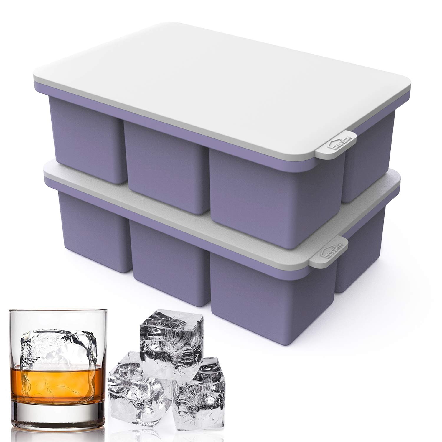 Mossime Large Ice Cube Moulds - 2 Packs Extra Large Ice Cube Tray with Lid, 2 Inch Easy Release Silicone Ice Cube Trays, BPA Free Big Ice Cube Mould for Whiskey & Cocktail Square Ice Cubes (Purple)