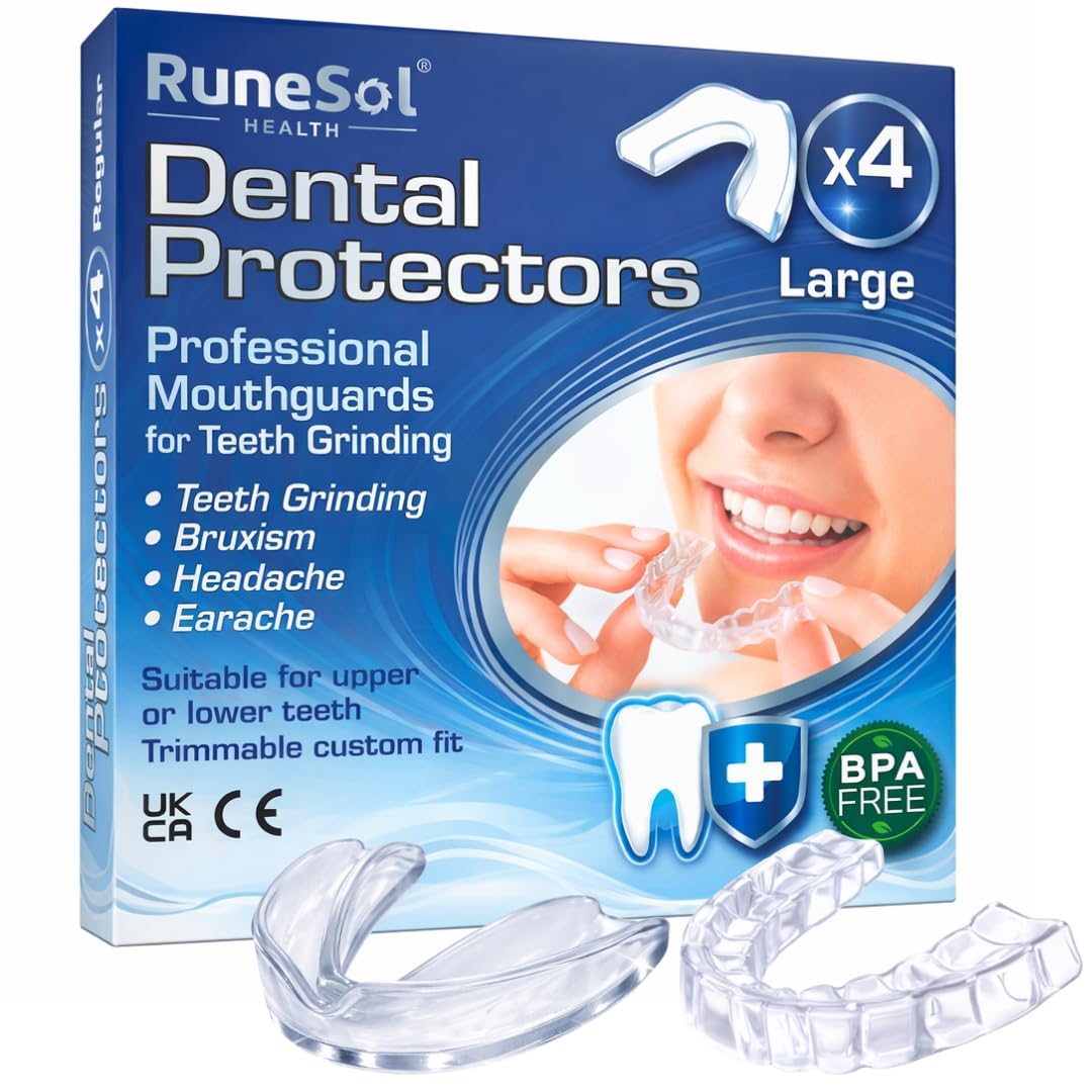 Runesol Mouth Guard for Grinding Teeth, 4 x Large, Gum Shield for Teeth Grinding, Bruxism Mouthguard, Night Tooth Guard for Adults, Stop Grinding Teeth Dental Protector,Class 1 Medical Device UKCA CE