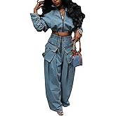 Tbahhir Womens 2 Piece Outfits Denim, Baggy Cargo Jeans and Long Sleeve Zipper Cropped Jackets Drawstring Pants Sets Y2k