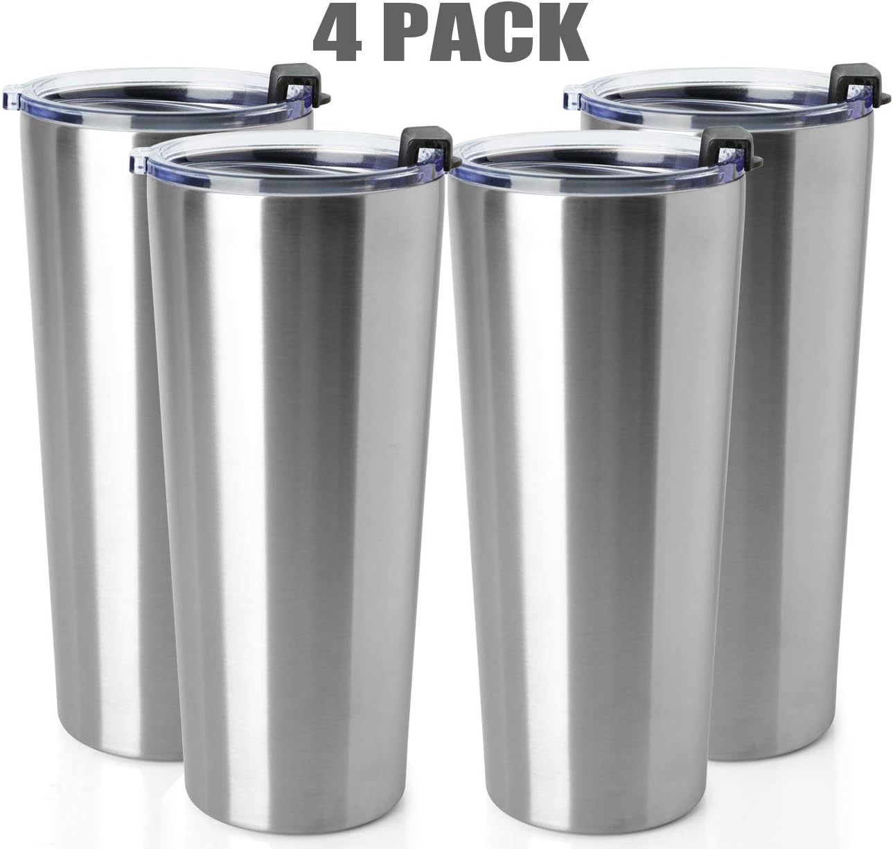 MEWAY 22oz Tumbler 4 Pack Stainless Steel Travel Coffee Mug with Lids Double Wall Insulated Coffee Cup for Home, Office, Travel Great (Silver, 4 pack)