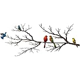 ESTART Metal Birds Wall Art, Metal Vivid Birds on Branch Silhouette Wall Decor Black Leaves with Bird Outdoor Hanging Wall Sc