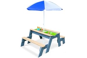 K LUCKIDS Kids 3-in-1 Sand & Water Activity Table, Wood Outdoor Convertible Picnic Table, 2 Play Boxes, Removable Top, Picnic Table for Outdoor Backyard Patio Play (Blue)