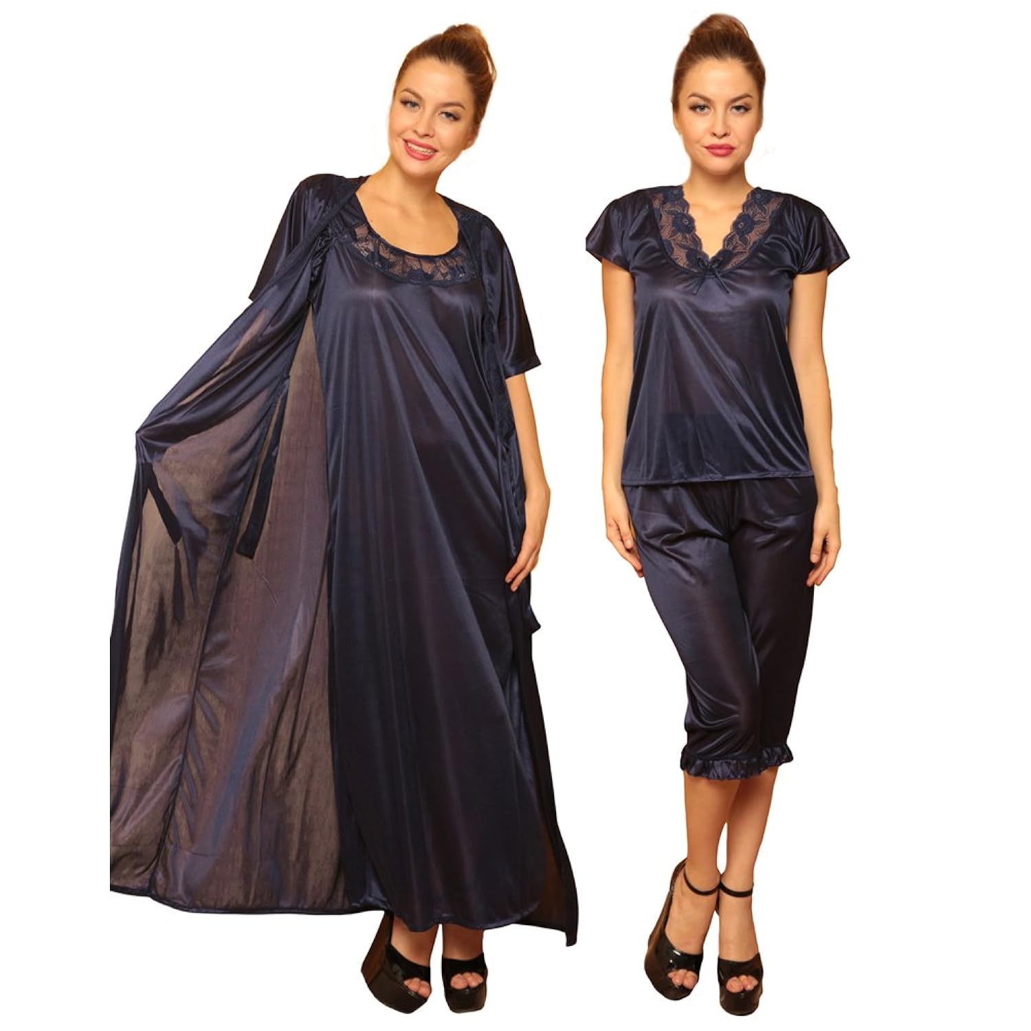 clovia women's 4 pcs satin nightwear in navy - robe, nightie, top, capri