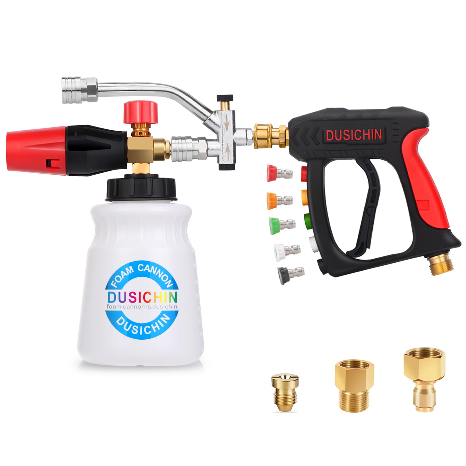 Photo 1 of DUSICHIN Short Wand Pressure Washer Gun Foam Cannon 1/4" Quick Connector Pressure Washer Accessory,Car Wash Foam Gun Dual Ended Shift Connector 5 Pressure Washer Nozzles M22-14, M22-15 Brass Fittings