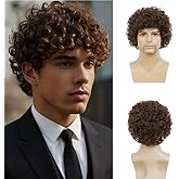 Amnenl Brown Curly Short Afro Wigs for Men California Cosplay Daily Costume Hair Wig for Male Guys