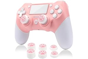 RALAN Wireless Controller Compatible with Playstation 4 for PS4/Pro/Slim, 1000mAh Rechargeable Battery Gamepad Joystick for PS4 with 3.5mm Audio Jack! 6 Thumb Caps Included! (White-Pink)