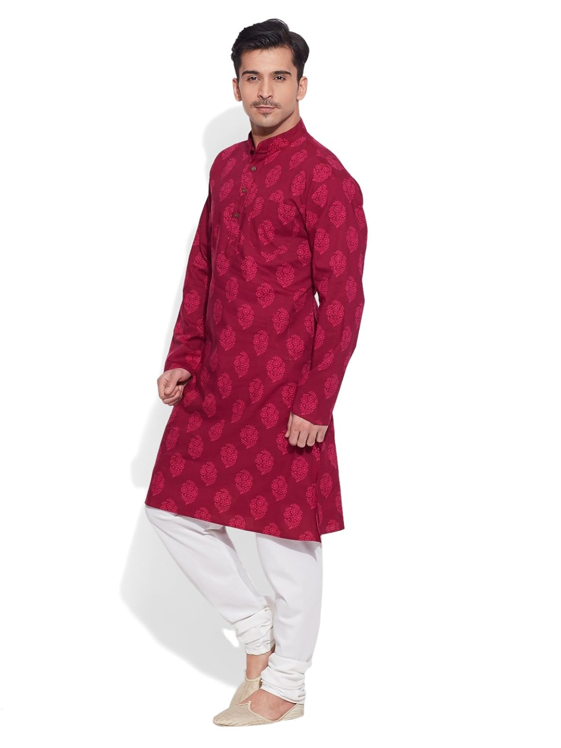 very me men's designer raspberry pure cotton printed long kurta