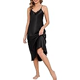 Vlazom Women's Satin Nightgowns Sexy Lingerie Long Nightgowns Satin Silk Negligee V Neck Lace Chemise Sleepwear S-XXL