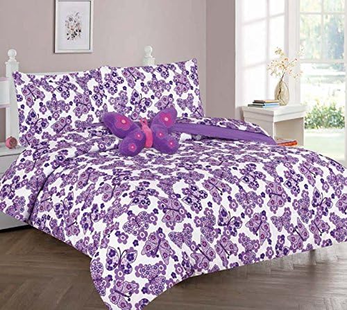 Mk Collection 6 pc Twin Size Comforter Set Purple White Butterfly Flower Teens/girls With Furry Buddy Included New