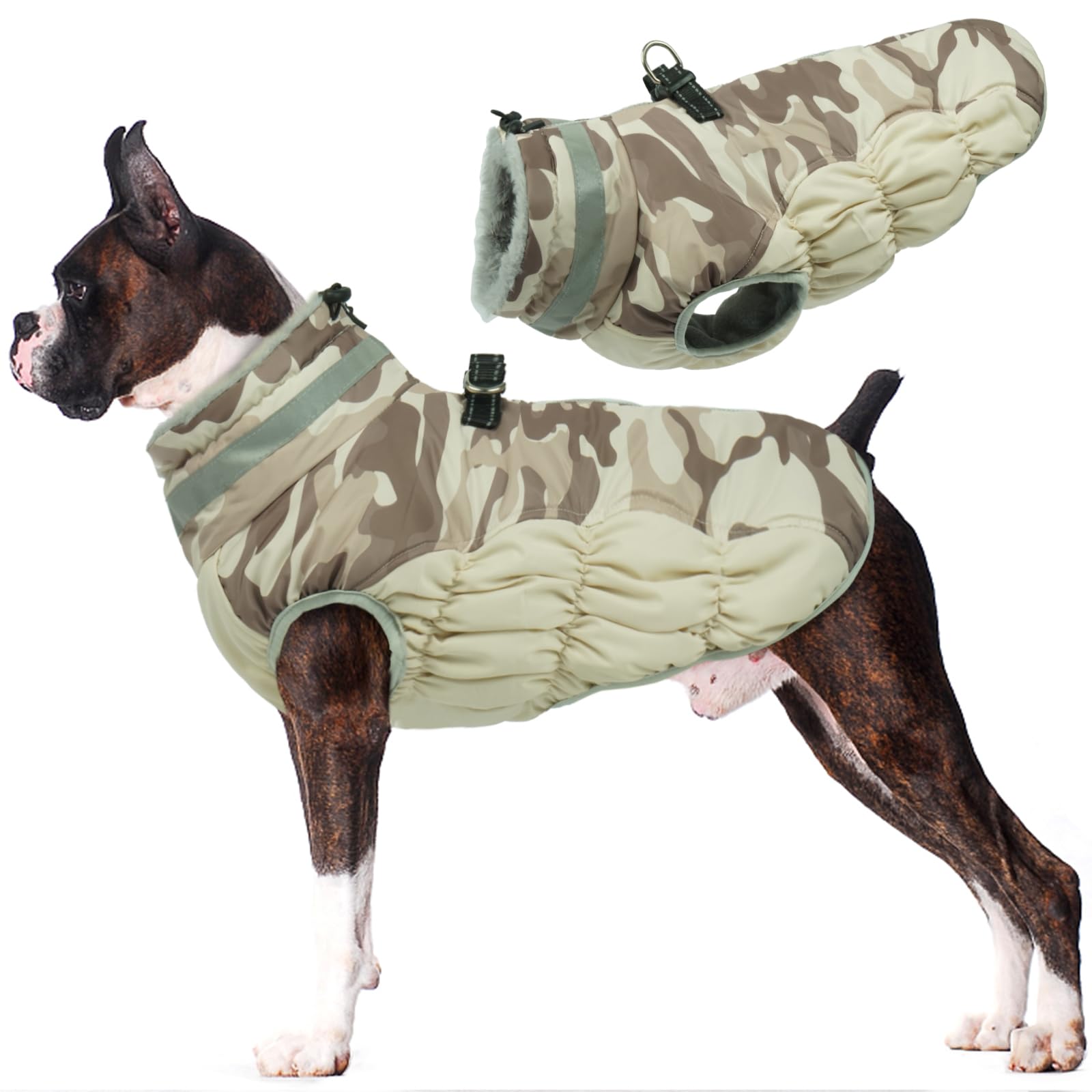 Photo 1 of Lelepet Warm Dog Winter Coat Dog Coats for Large Dogs Waterproof Dogs Jacket with Harness Built in Reflective Cold Weather Coats Zip-Up Winter Fleece Vest Snowsuit Boston Terrier Desert Camo L