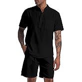 SIENDIU Men's Cotton Linen Set Henley Shirts Shorts outfits 2 Piece Beach Clothes Vacation Matching Suit Summer Wear