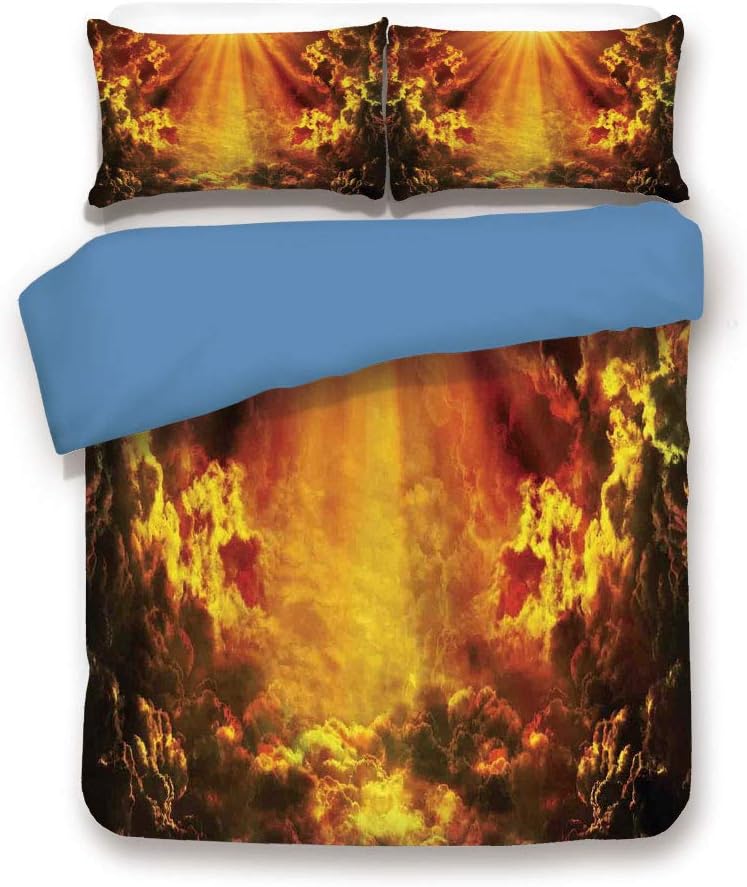 Blue 3pc Bedding Set,Cloud Heart Shape Romantic Magical Scenery with Sunbeams Creative Artwork Queen Duvet Cover Set,Printed Comforter Cover with 2 Pillowcases for Teens Boys Girls & Adults