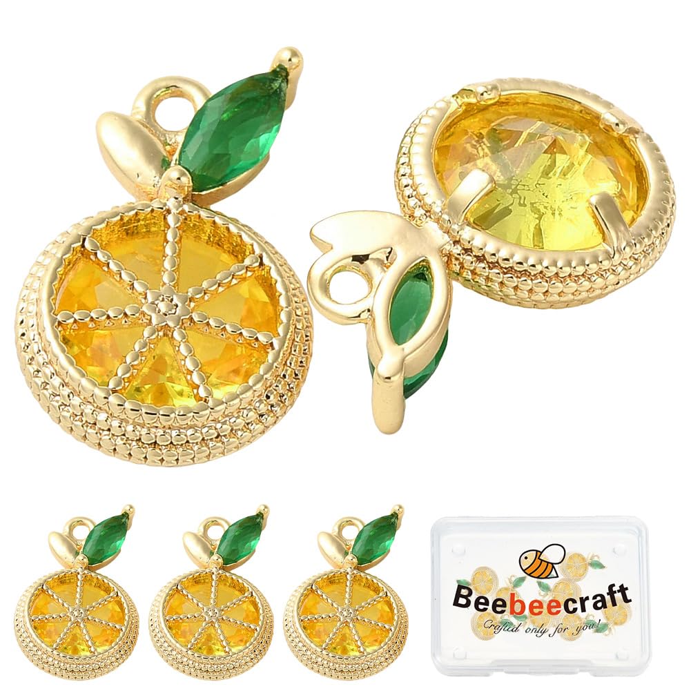 Beebeecraft 1 Box 10Pcs Lemon Charms 18K Gold Plated Brass Cubic Zirconia Yellow Fruit Charms Leaf for Jewelry Making Necklace Bracelet