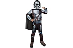 JAZWARES COSTUME PLAY Star Wars The Mandalorian Official Youth Costume - Premium Quality Padded Jumpsuit with Plastic Mask and Detachable Cape
