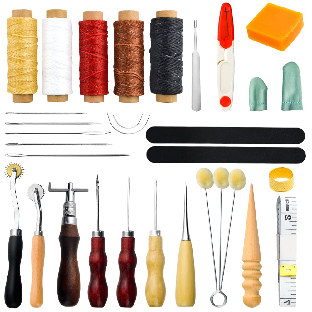 BGTXINGI 25Pcs Leather Craft Hand Tool Kit Hand Stitching Sewing Tool Handy Stitching Needle Waxed Tread Awl Groover Kit for DIY Leather Stitching Craftwork Accessory
