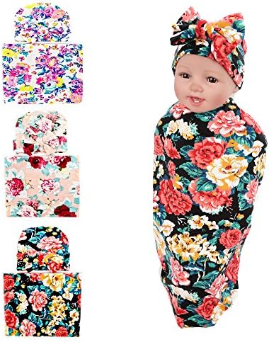 YallFF Newborn Swaddle Blanket Baby Girl Receiving Blanket Blanket &amp;Hat Set (3 PACK) (Color2)