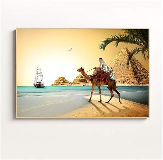 Lienzo Arte De La Pared Camellos Del Desierto Palmas Puesta De Sol