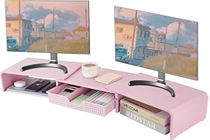 LEKETREE Dual Monitor Stand Riser with Drawer, Desk Organizer and Accessories, Pink Monitor Stand for Desk, Desktop Stand for Computer, Laptop, TV and More (Pink)