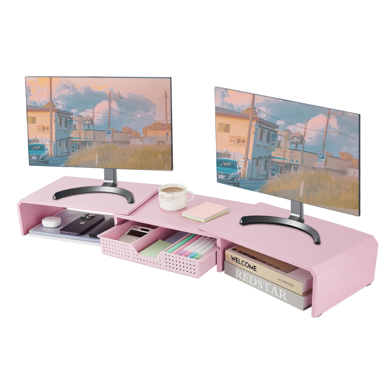 Photo 1 of LEKETREE Dual Monitor Stand Riser with Drawer, Desk Organizer and Accessories, Metal Laptop Stand for Desk, Workspace Desktop Stand for Computer, Laptop, TV and More (Pink)