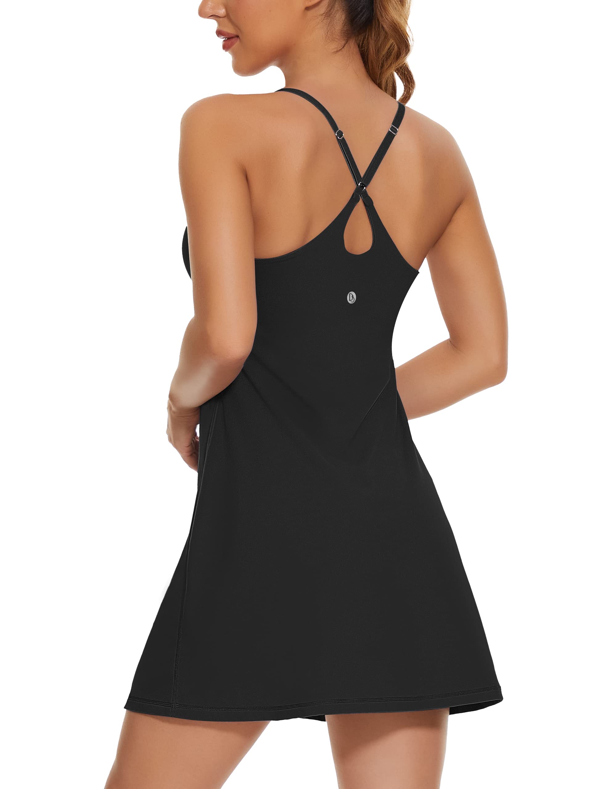 Photo 1 of Womens Tennis Dress, 2-in-1 Golf Workout Dress with Built-in Bra & Shorts Pockets, Athletic Dresses with Adjustable Strap A-Black