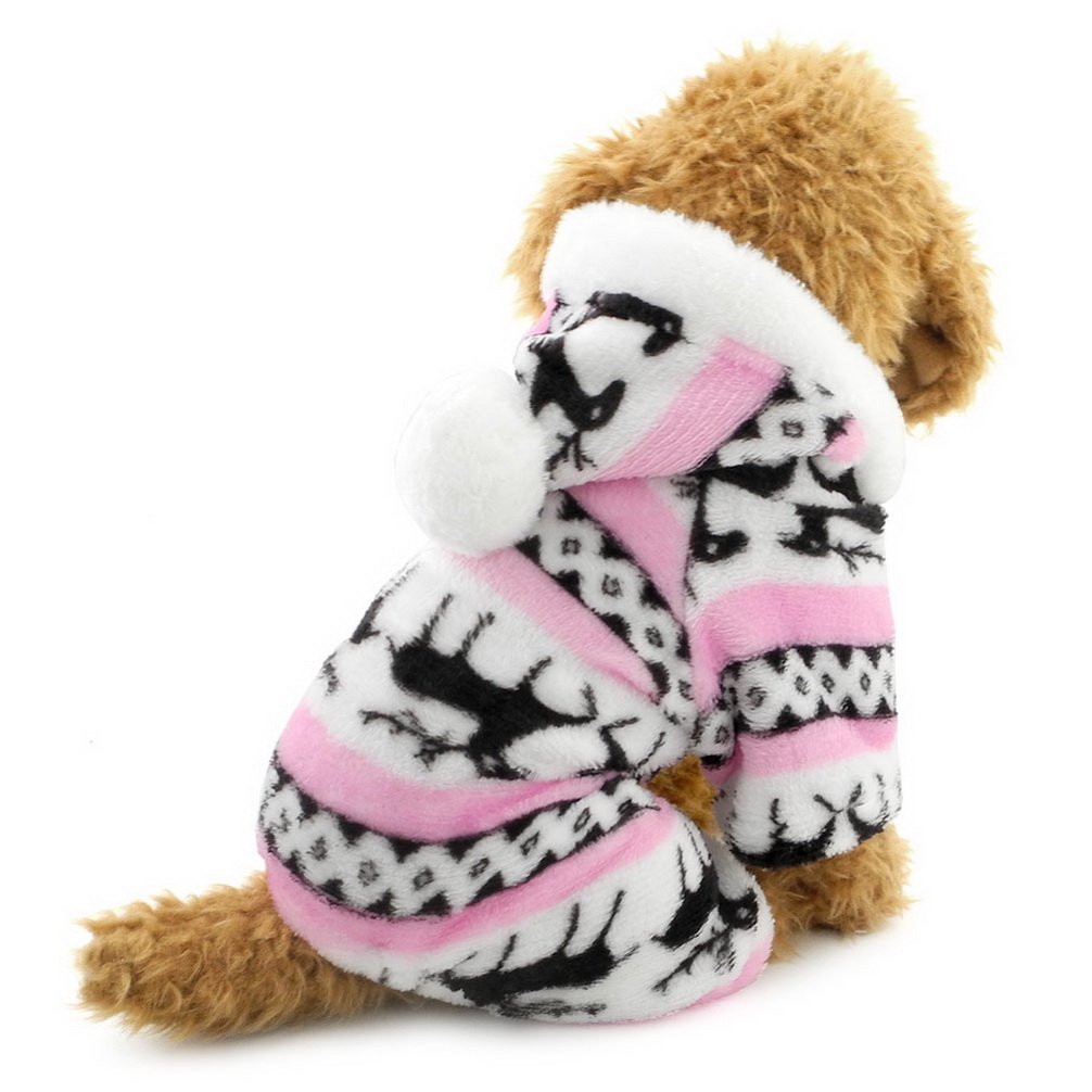 Ranphy Small Dog Cat Clothes Soft Velvet Reindeer Pattern Dog Pajamas Puppy Hoodie Hooded Jumpsuit Pink L (This Style Run Small,pls Choose The Size Carefully)
