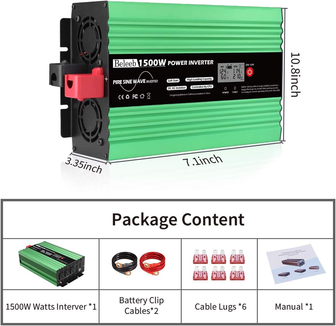 Beleeb Pure Sine Wave Inverter 1500Watt DC 12V to AC 110V 120V with LCD Display,3 AC Outlets and 2 USB Ports,Solar Power Inverter,for Home RV Trucks Boats and Emergency: Car Electronics