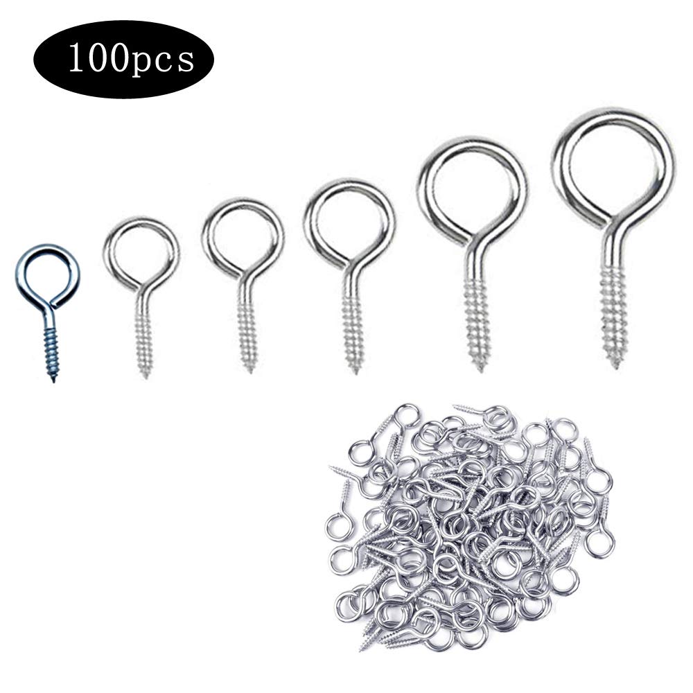 JUN-H 100PCS Galvanized Eye Bolt Screw-In Vine Eye Screw Household Hardware Accessories 6 Model(#1-19mm/#2-25mm/#3-27mm/#4-30/#5-36mm/#6-40mm)